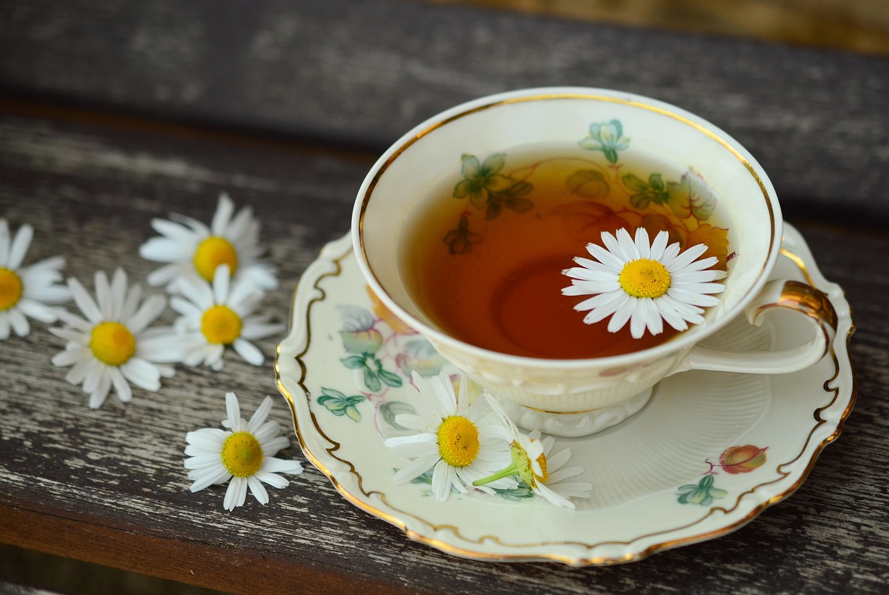 A cup of tea with daisy like flowers around and one floating inside the cup. 