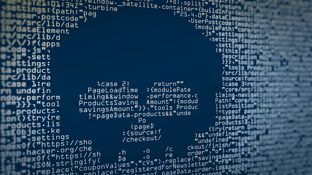 a skull shape blank space in the midst of white letters on a blue screen.